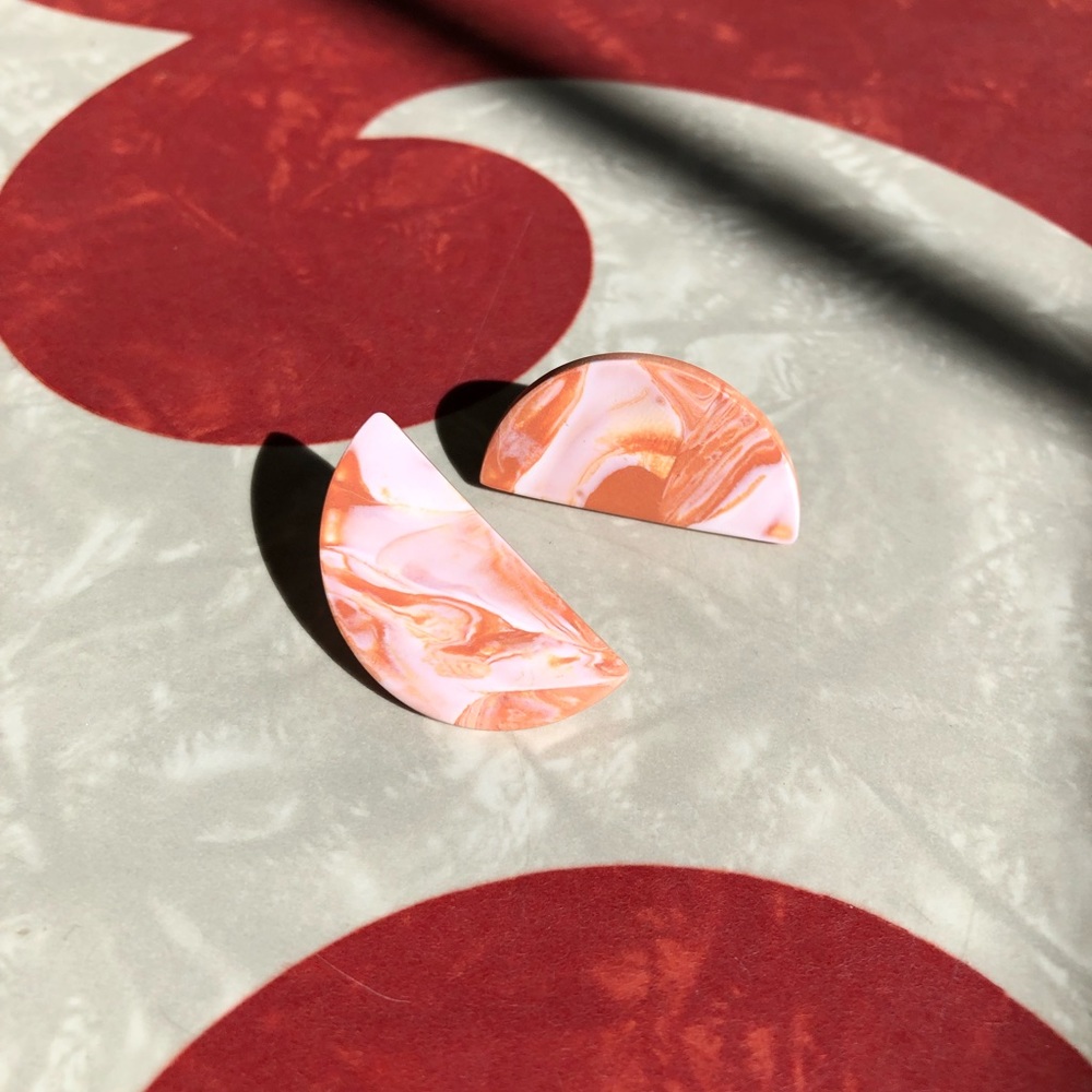 Polymer Clay Orange and White Semicircle Stud Earrings with Hypoallergenic Posts